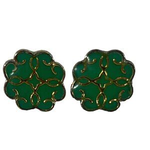 Silver Tone Green Enamel Earrings Celtic Cross Stud Button Fashion Costume